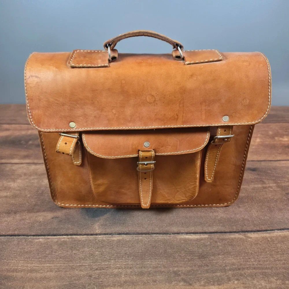 Roqana Imports Distressed Satchel Bag Mens Large Tan Leather Buckle Briefcase
